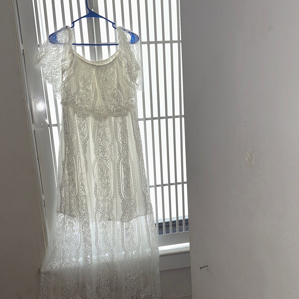 SHEIN Ivory Lace Maxi Dress with Flutter Sleeves